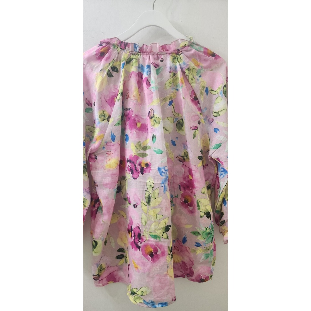 Hester & Orchard Linen Blend Floral Blouse Pink Ruffle V-Neck Top Large - Picture 8 of 8